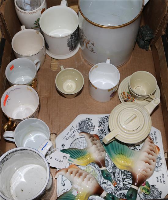 A childs tea set, commemorative wares, etc.